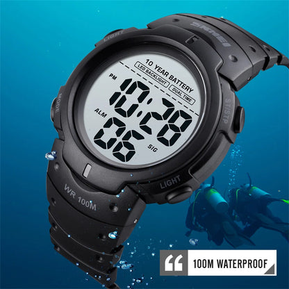 Men's Outdoor Digital Watch – 100M Waterproof, LED, 10-Year Battery, Alarm & Date Display