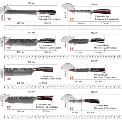 Laser Damascus Kitchen Knife Set – Cleaver, Santoku, Bread, Boning & Kitchen Scissors