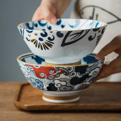 7.5-Inch Japanese Hat-Style Retro Ceramic Ramen Bowl – Fruit, Vegetable & Salad Noodle Holder