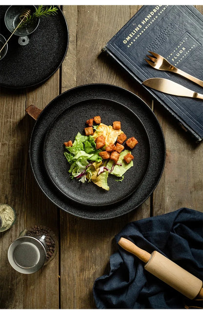 Japanese-Style Black Ceramic Plate Set – Steak & Western Food Dinnerware for Home & Kitchen
