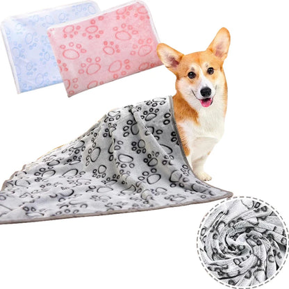 Dog lying on a gray paw-patterned blanket with two smaller images of the blanket and a dog above it.