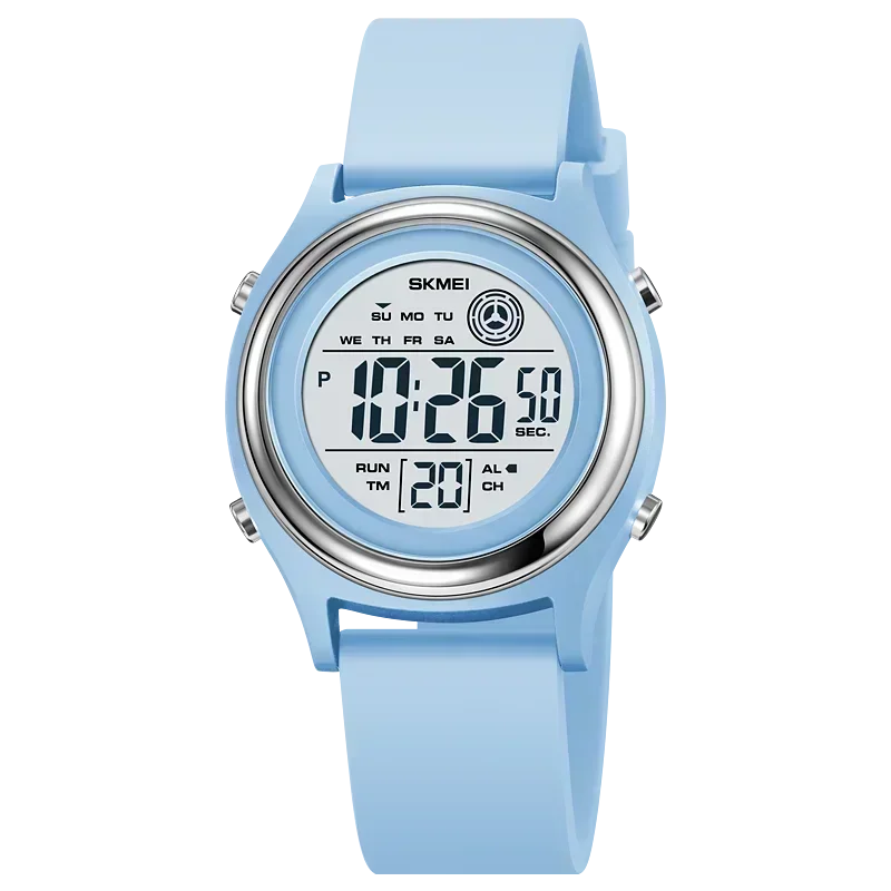 Blue digital watch with a white background