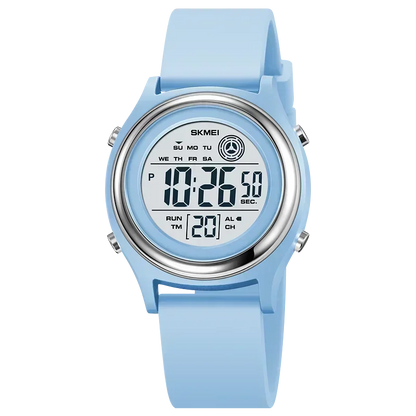 Blue digital watch with a white background