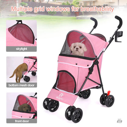 Pink pet stroller with multiple grid windows for breathability, featuring a dog inside.