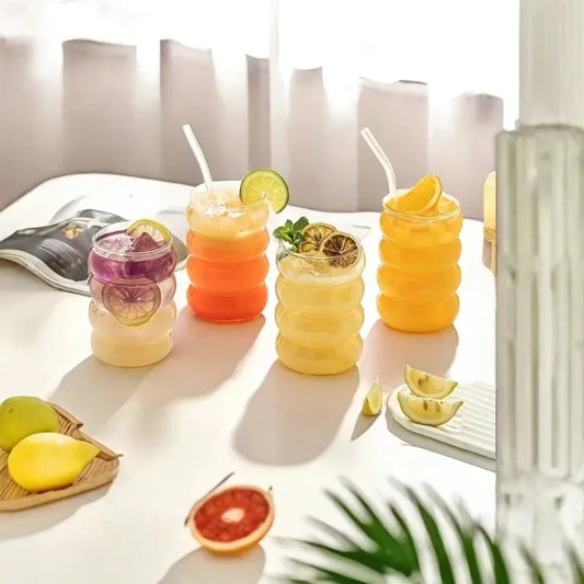 Drinking Glasses Ribbed Glassware Cups with Straws Set Cocktail Fruit Glass Drinkware Creative Glass Cups Coffee Mug Clear