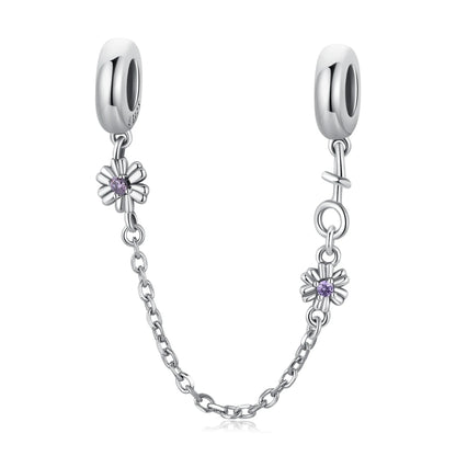 925 Sterling Silver Safety Chain Charm – Heart, Key & Flower CZ Stopper Bead