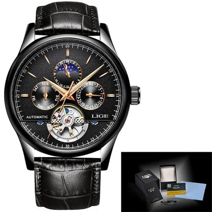 Black wristwatch with detailed face and leather strap, LIGE brand, with packaging inset.