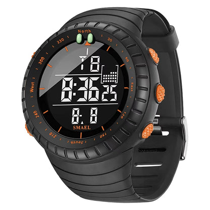 Black digital watch with orange accents on a white background