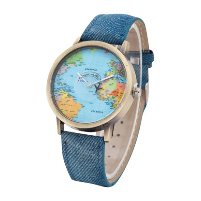 Fashion Global World Map Plane Denim Fabric Band Watch Casual Men Women Wristwatches Quartz Watch Gift Horloges Relógio - BeeTrendyShop.COM