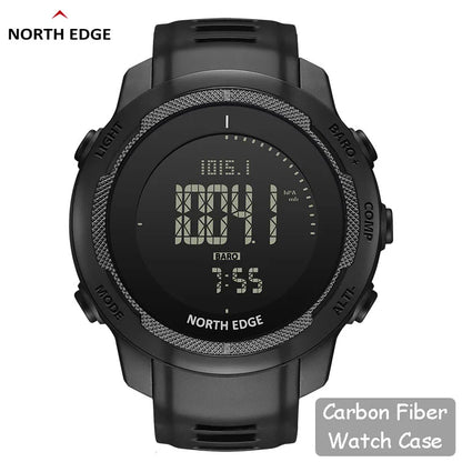 Black digital watch with 'NORTH EDGE' branding on a white background