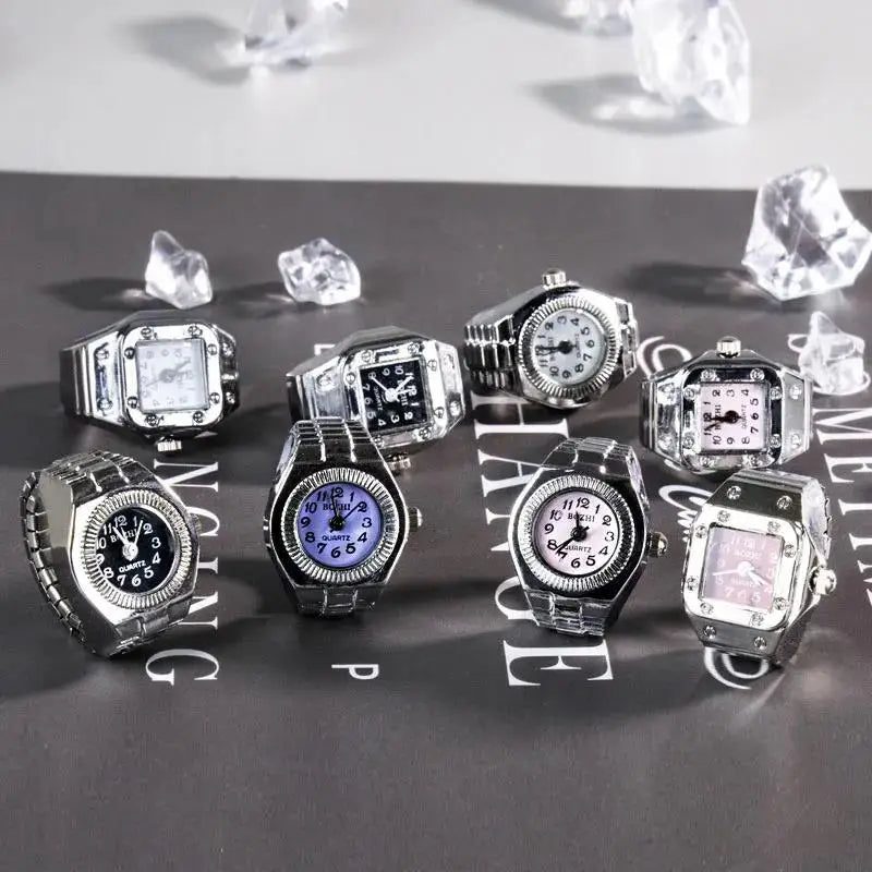 Vintage Punk Finger Watch Mini Elastic Strap Alloy Watches Couple Rings Jewelry Clock Retro Roman Quartz Watch Rings Women Men - BeeTrendyShop.COM