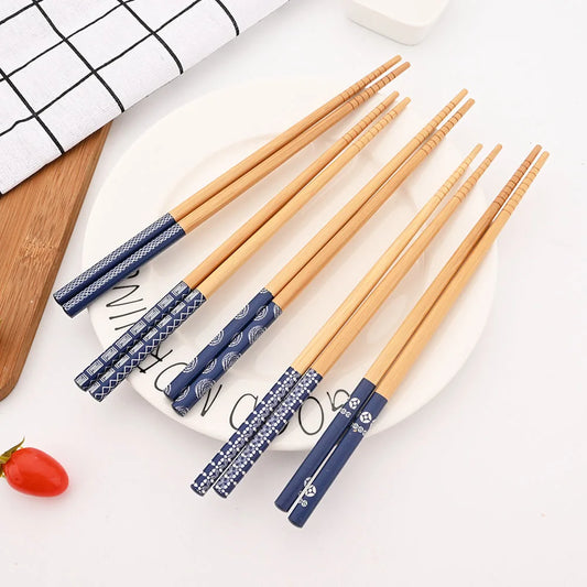 Anti-skid Handmade Bamboo 1Set Portable Reusable Japanese Style Natural Wood Chopsticks Food Blue Wooden Chopsticks Set