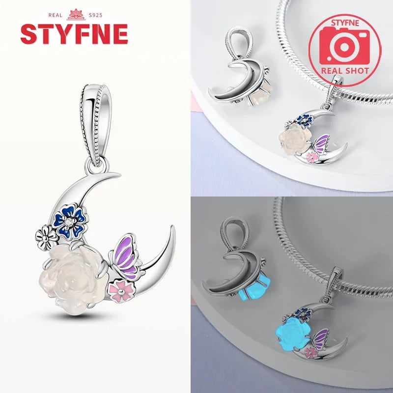 925 Silver Rose Pink Flower Shiny  Zircon Charm Beads For Original Charms Original Bracelet for Women DIY fine Jewelry Gift