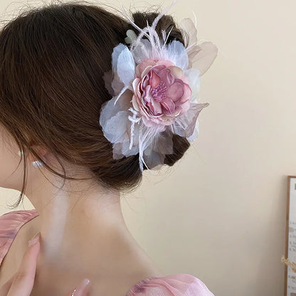 Pink Flower Hair Claw Clip – Sweet Lace Big Hairpin for Women
