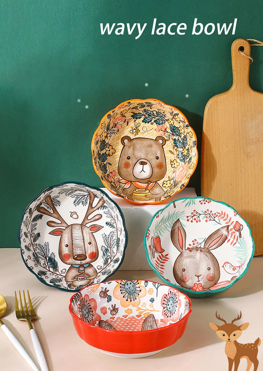 Ceramic Bakeware With Handle Forest Animals Baking Pan  Underglaze  Kitchen Tableware Salad Bowl Au Gratin Dishes