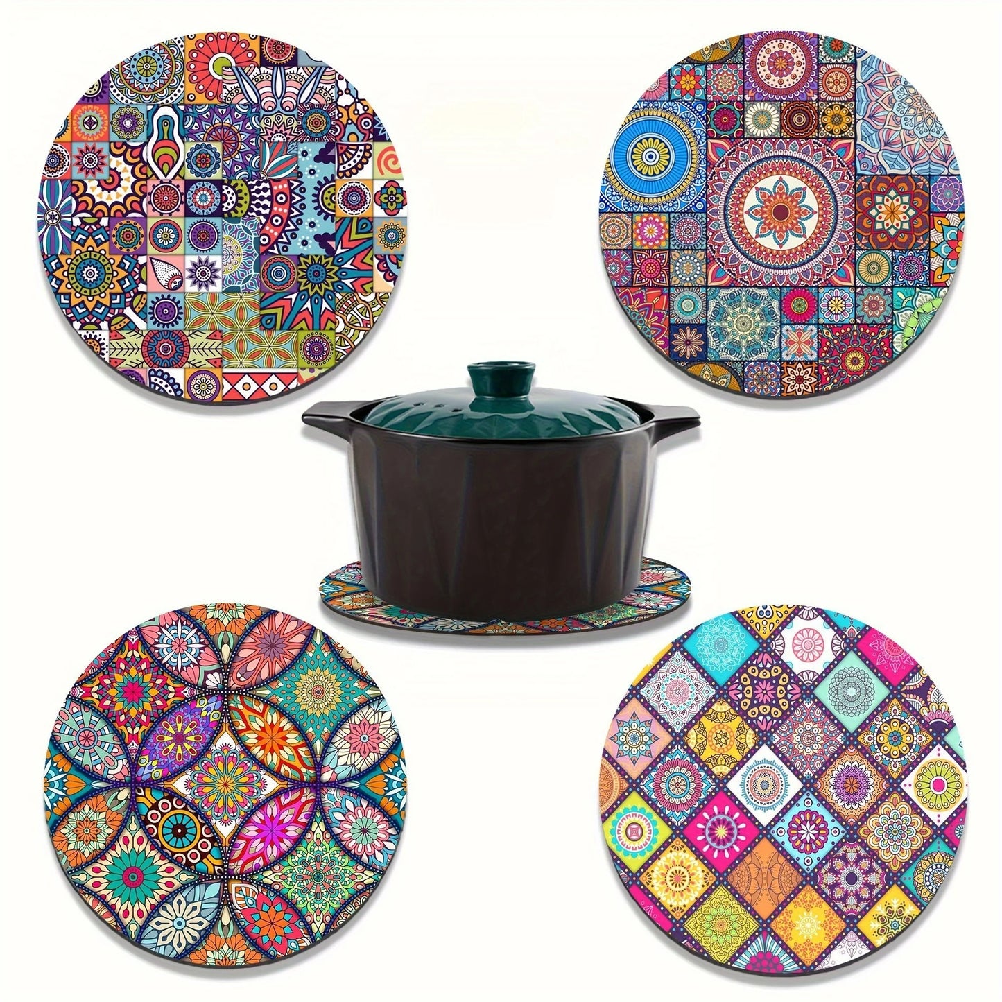 Mandala Wooden Placemats Set – 4pcs Durable Heat-Resistant Non-Slip Table Mats for Home & Office