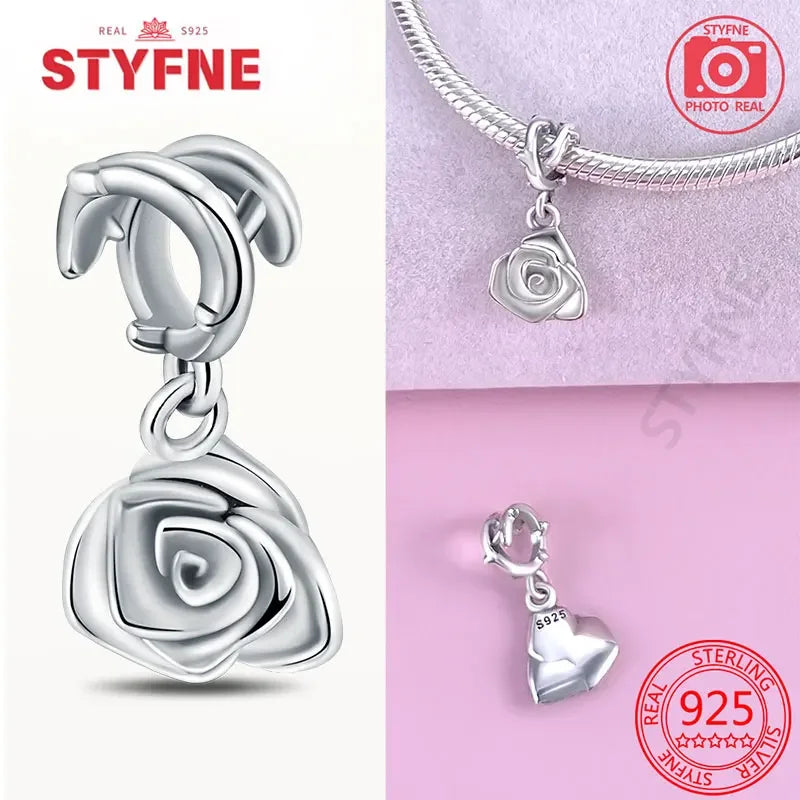 925 Silver Rose Pink Flower Shiny  Zircon Charm Beads For Original Charms Original Bracelet for Women DIY fine Jewelry Gift