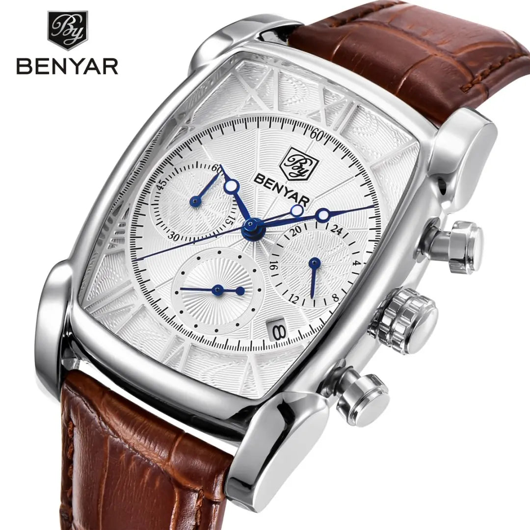 BENYAR watch with brown leather strap and silver case on a white background
