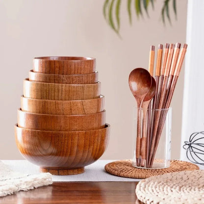 Japanese Solid Wood Ramen & Rice Noodle Bowl – Natural No-Splicing Kitchen Tableware