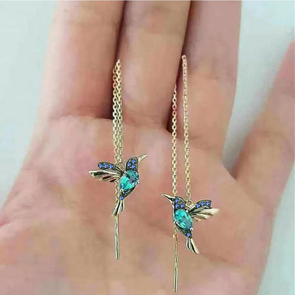 Hummingbird CZ Drop Earrings – Gold Color Zinc Alloy Long Dangle Earrings for Women
