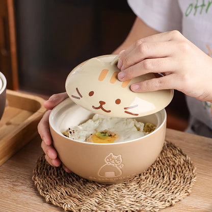 Japanese Cute Cartoon Animal Ceramic Soup Bowl with Lid – Instant Noodle & Rice Bowl Tableware
