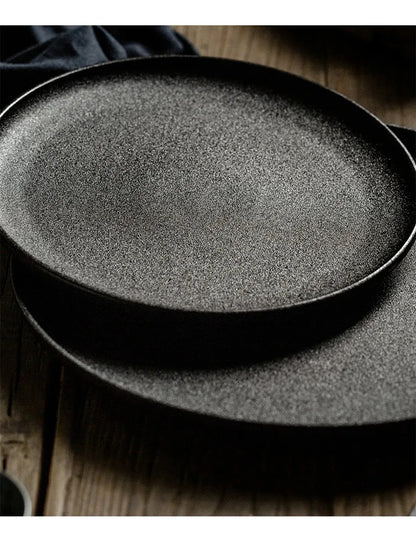 Japanese-Style Black Ceramic Plate Set – Steak & Western Food Dinnerware for Home & Kitchen