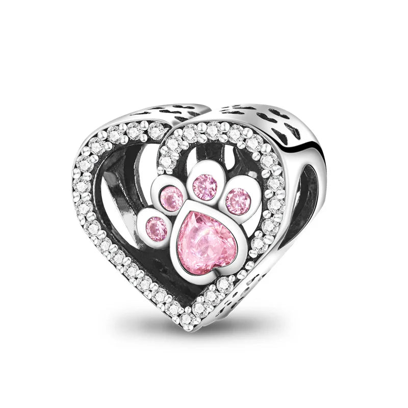 925 Sterling Silver Dog Paw Heart Zircon Charm – Pink Pet DIY Jewelry