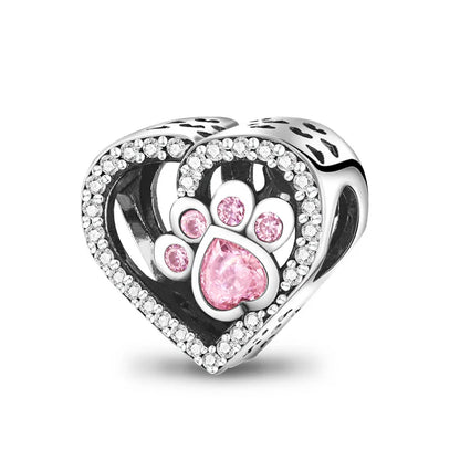 925 Sterling Silver Dog Paw Heart Zircon Charm – Pink Pet DIY Jewelry