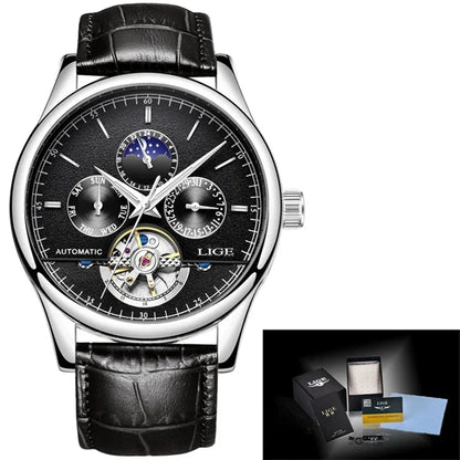 LIGE Tourbillon Automatic Mechanical Watch – 50M Waterproof, Date & Week Display