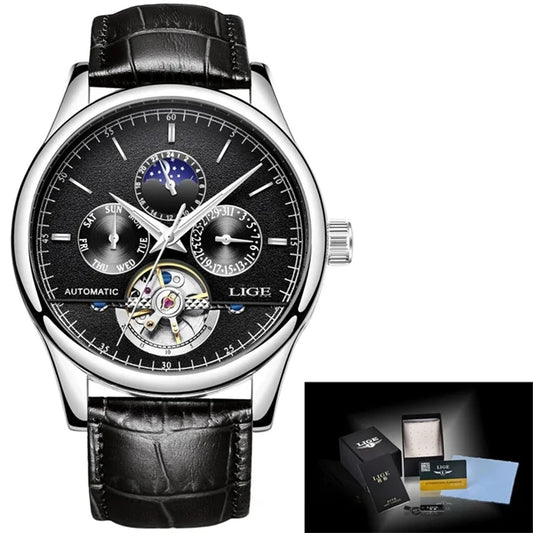 New LIGE Tourbillon Watches 50M Waterproof Men Mechanical Watches Automatic Wrist Watches Date Week Clock Gift Relogio Masculino