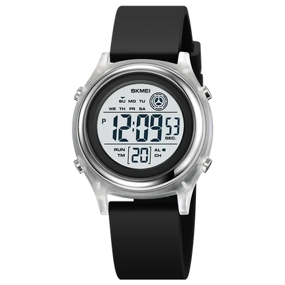 Digital watch with black strap and silver case on a white background