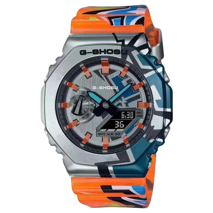 G-Shock watch with a colorful strap on a white background