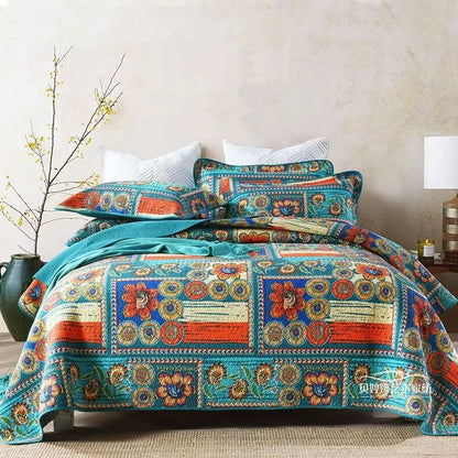 100% Cotton Quilted Bedspread – Rural Retro Bed Cover with Pillowcases for Queen & King Size