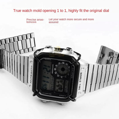 Digital watch with metal band on a white background