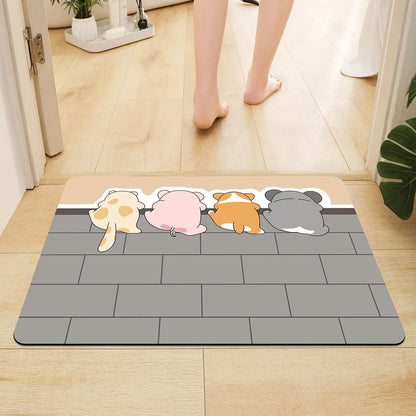 Doormat with cartoon dog designs on a wooden floor