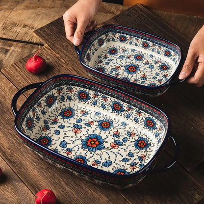 Polish-Style Ceramic Baking Tray – Oven & Microwave-Safe Large Salad & Fruit Cake Rectangular Plate