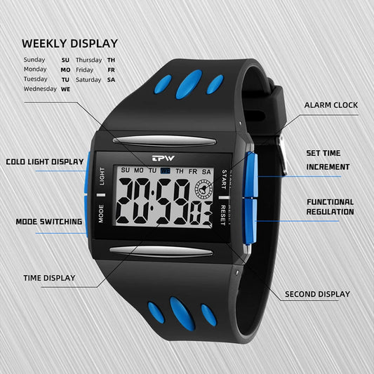 Fashion Trend Digital Watch for Young Boys New Electronic Large Screen Display Luminous Waterproof Multi-functional Men's Watch