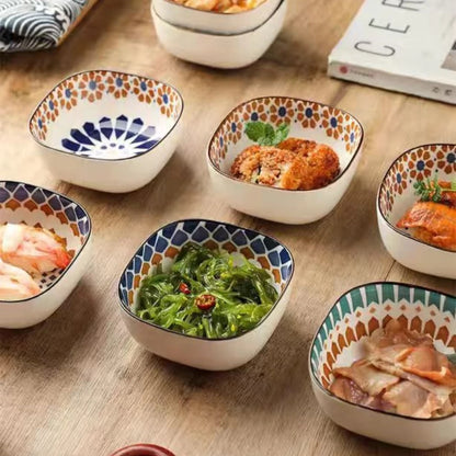 Bohemian Ceramic Sauce & Snack Bowl – Small Square Japanese Style Pickle & Condiment Dish