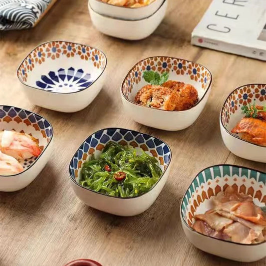 Bohemian style ceramic bowl household sauce bowl small square bowl Japanese snack bowl creative pickle dish