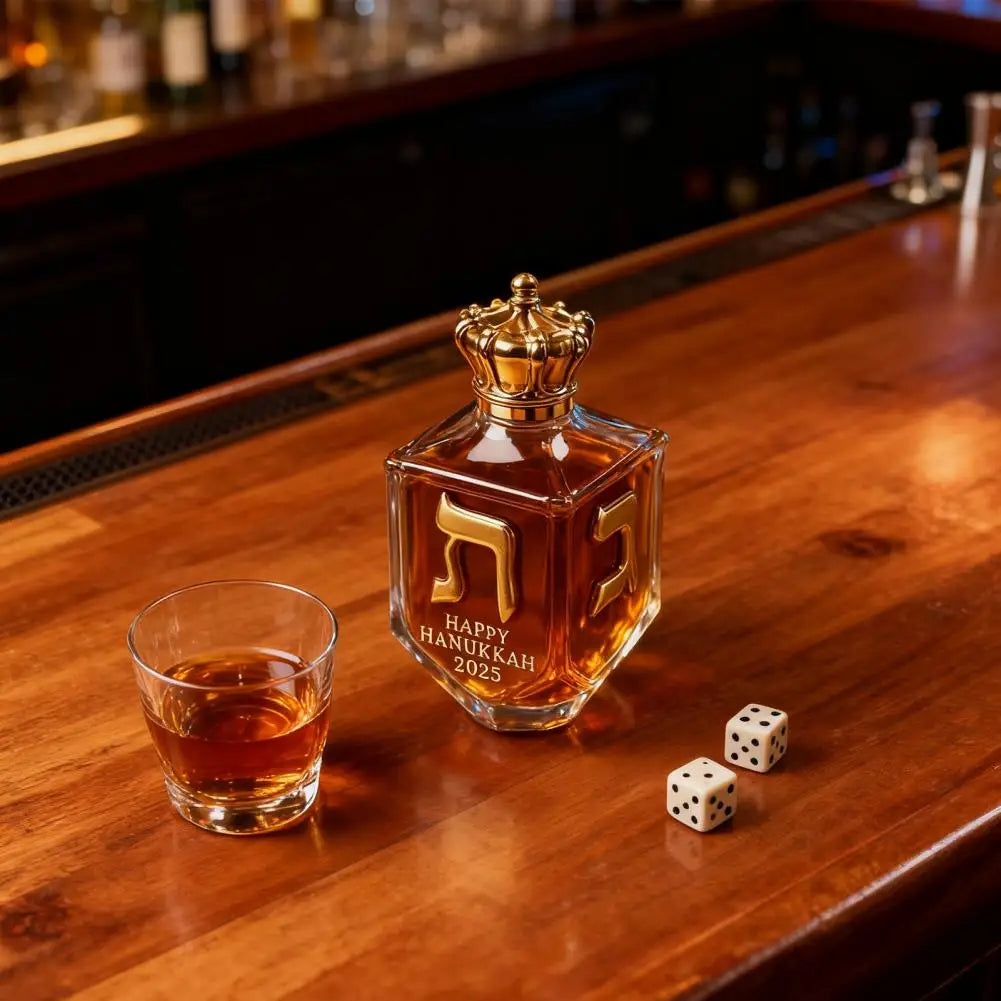 Hanukkah Whiskey Decanter Set – Gold Glass Bottle with Engraved Dreidel