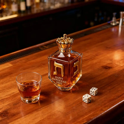 Hanukkah Whiskey Decanter Set – Gold Glass Bottle with Engraved Dreidel