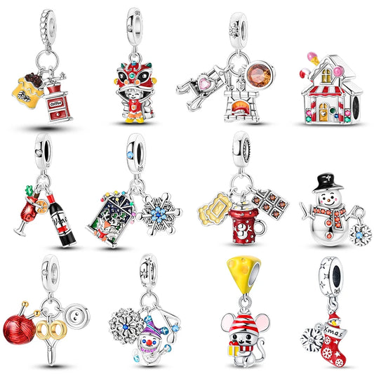 New Fireplace Snowman Sweater Sweet Romantic Christmas Winter Theme Charms Beads Fit Pan 925 Original Bracelets DIY Fine Jewelry