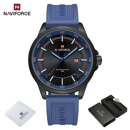 Naviforce watch with blue strap and packaging on a white background