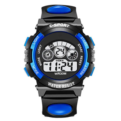 Black and blue digital watch with multiple functions on a white background