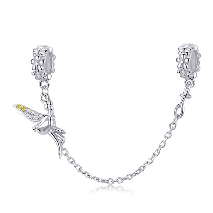 925 Sterling Silver Safety Chain Charm – Heart, Key & Flower CZ Stopper Bead