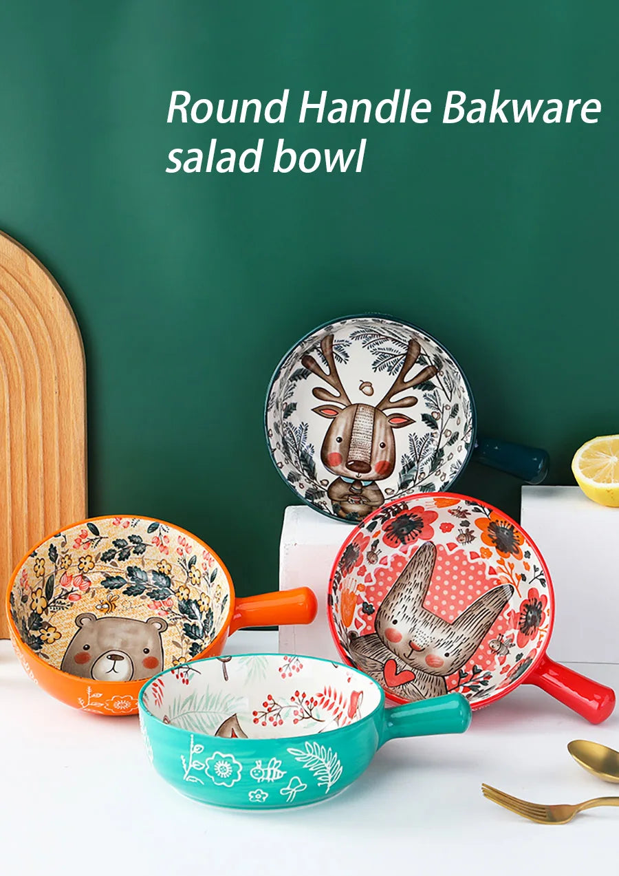 Ceramic Bakeware With Handle Forest Animals Baking Pan  Underglaze  Kitchen Tableware Salad Bowl Au Gratin Dishes