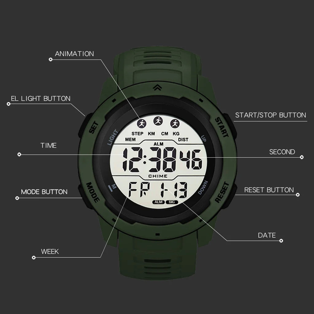 Digital Watches Men Men Numbers Sport Watch 5ATM Waterproof Back Light Round Screen Digital Multifunction Alarm Swimming