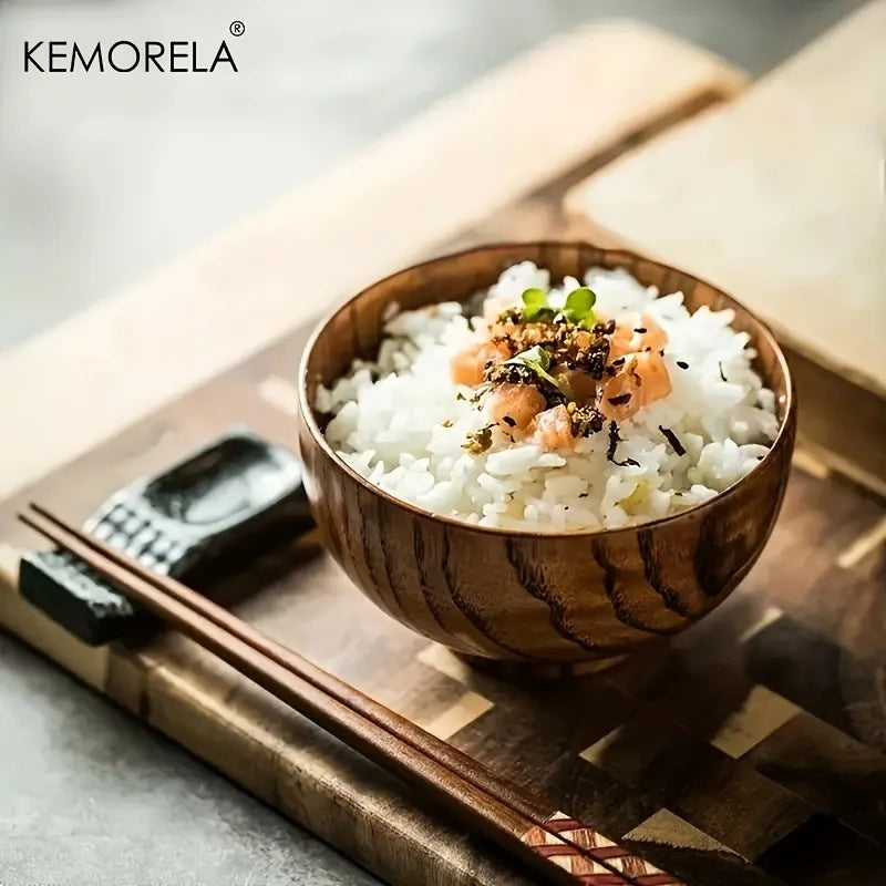 1PCS Natural Wooden Rice Bowl Household Salad Ice Cream Fruit Wooden Bowl Kitchen Food Storage Tableware