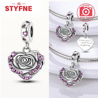 925 Sterling Silver Rose Pink Flower Zircon Charm Bead – DIY Jewelry Gift