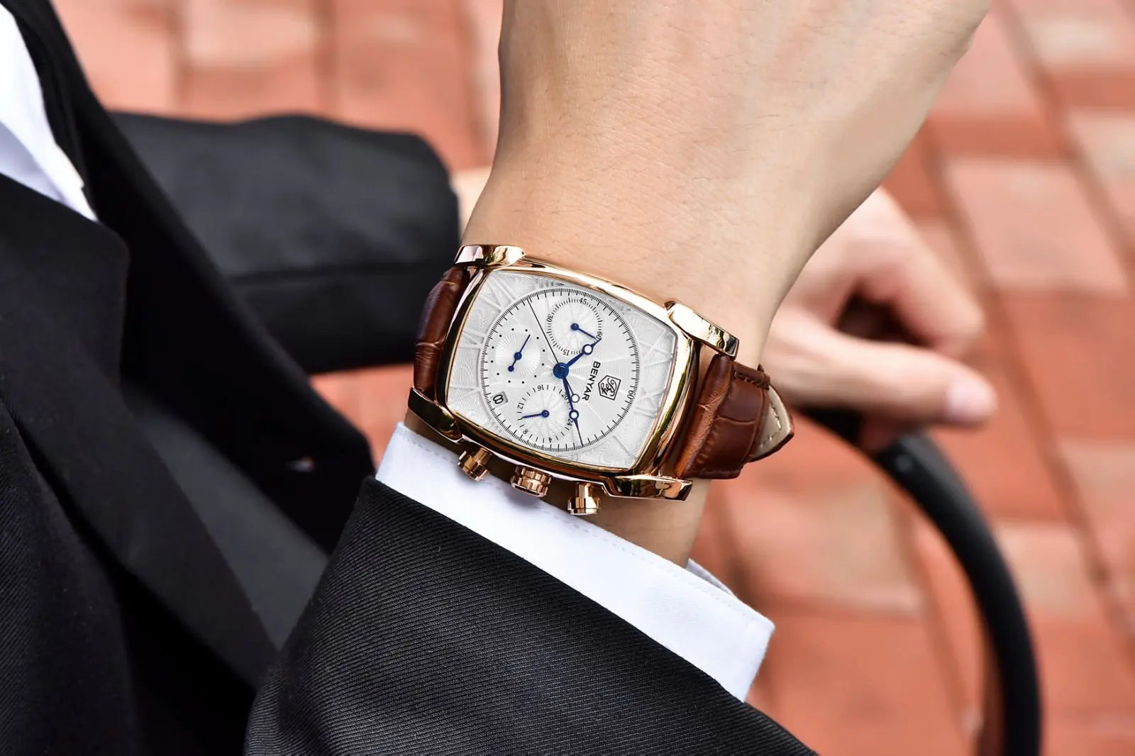 Relogio Masculino Mens Watches Top Luxury Brand BENYAR Chronograph Leather Quartz Watch Men Military Sport Rectangle Wristwatch - BeeTrendyShop.COM